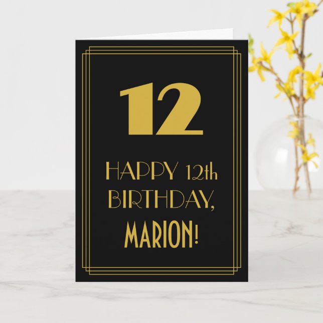 Carte 12e anniversaire - Art Déco Inspiré Look "12" & No (Fleur jaune)