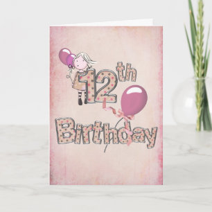 Carte 12e anniversaire avec une fille tenant des ballons
