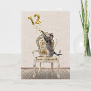 Carte 12e anniversaire Ballons et Tabby Cat