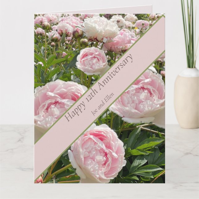 Carte 12e anniversaire du Mariage, fleur de pivoine (Devant)