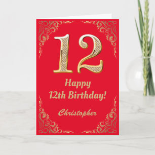 Carte 12e anniversaire Parties scintillant rouge et or