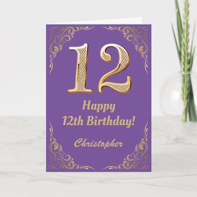 Carte 12e anniversaire Parties scintillant violet et or  (Devant)
