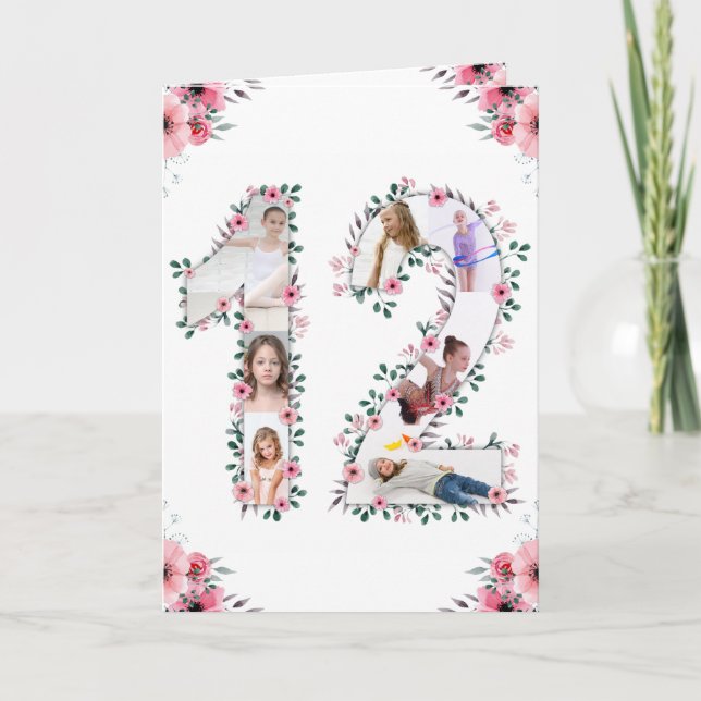 Carte 12e anniversaire Photo Collage Fille Rose Fleur Bl (Devant)
