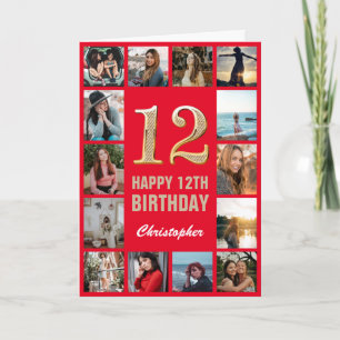 Carte 12e Joyeux Anniversaire Collage photo rouge et or