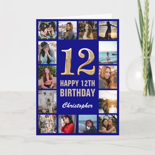 Carte 12e Joyeux Anniversaire Marine Bleu & Gold Photo C (Devant)