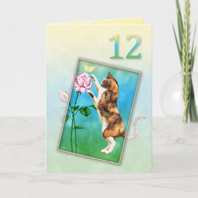 Carte 12ème anniversaire avec un chat ludique (Devant)