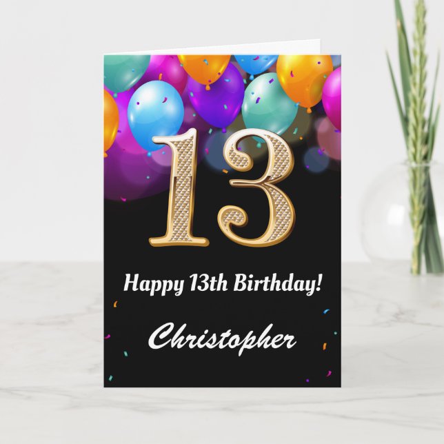 Carte 13e anniversaire Ballons noirs et dorés (Devant)