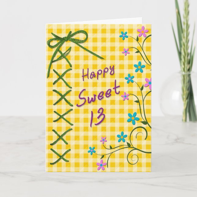 Carte 13e anniversaire, Cravate verte - En vichy Jaune,  (Devant)