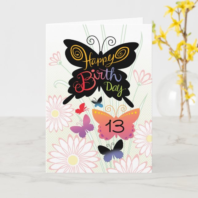 Carte 13e anniversaire papillons à la main (Fleur jaune)