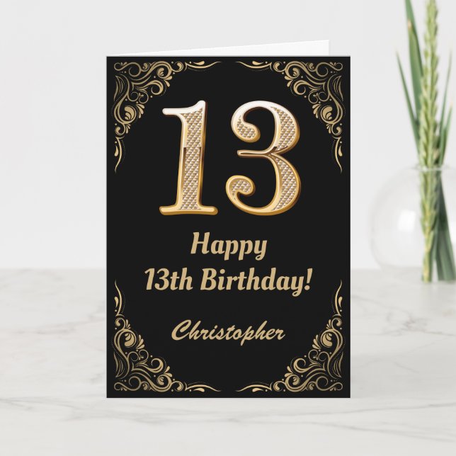 Carte 13e anniversaire Parties scintillant noir et or ca (Devant)