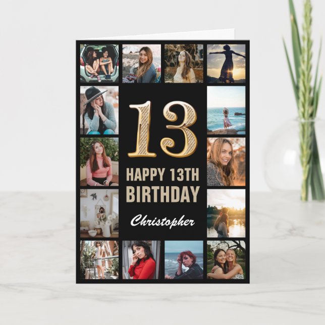 Carte 13e Joyeux Anniversaire Black and Gold Photo Colla (Devant)