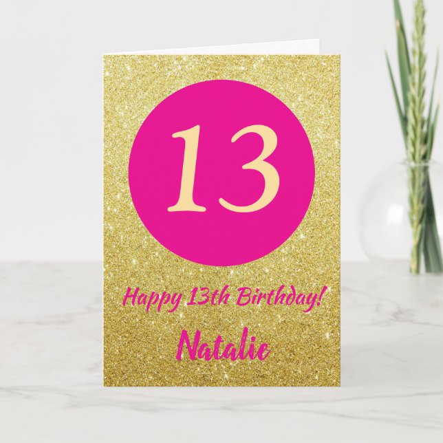 Carte 13e Joyeux anniversaire Hot rose et Parties scinti (Devant)