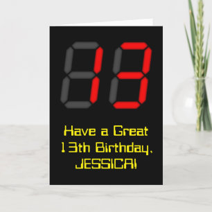 Carte 13ème anniversaire : Rouge Digital Horloge Style "
