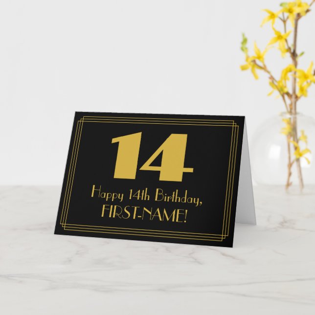 Carte 14e anniversaire : Art Déco Inspiré Look "14" & No (Fleur jaune)
