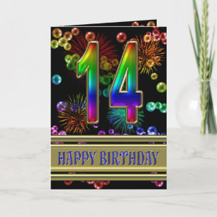 Carte 14e anniversaire avec bulles arc-en-ciel et feux d
