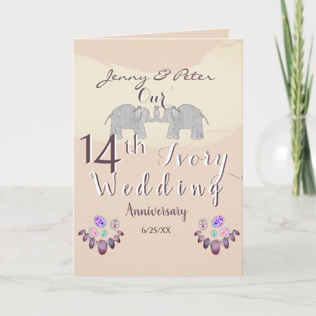 Carte 14e anniversaire du Mariage Opals & Elephants avec (Devant)