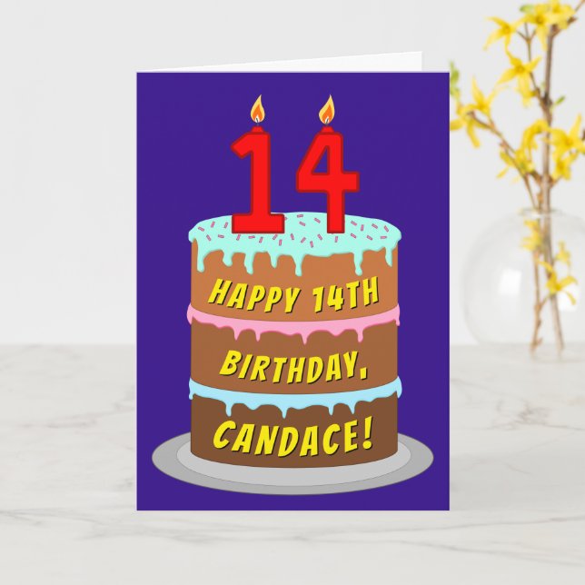 Carte 14e anniversaire : Fun Cake and Candles + Nom pers (Fleur jaune)