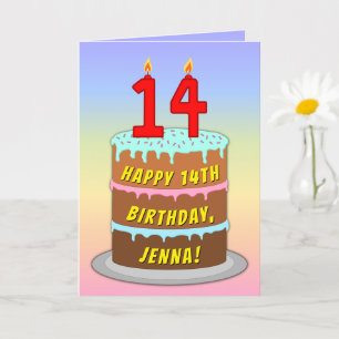Carte 14e anniversaire — Fun Cake & Candles, avec nom pe