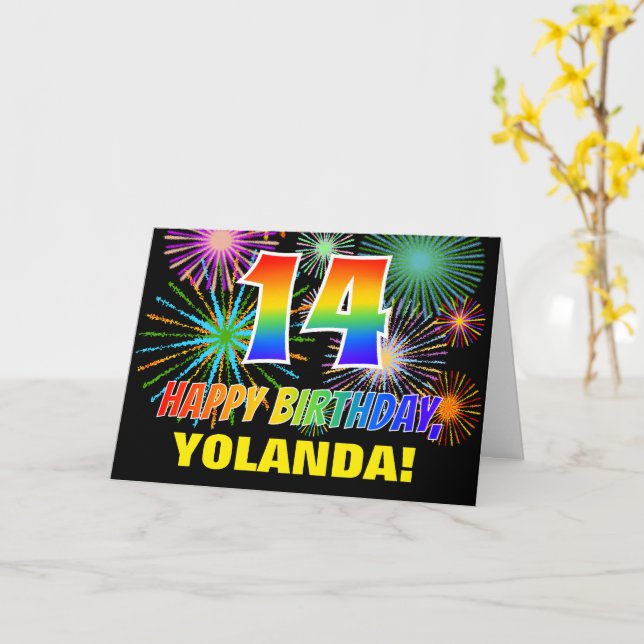 Carte 14e anniversaire : Gras, Amusants, Feu d'artifice, (Fleur jaune)