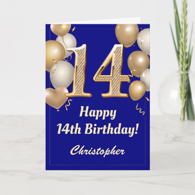 Carte 14e anniversaire Marine Bleu et Ballons d'or Confe (Devant)