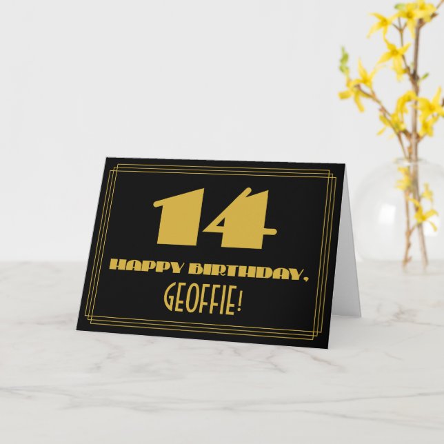 Carte 14e anniversaire : Nom + Art Déco Inspiré Look "14 (Fleur jaune)