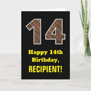 Carte 14e anniversaire : Nom, Motif Faux Wood Grain "14"