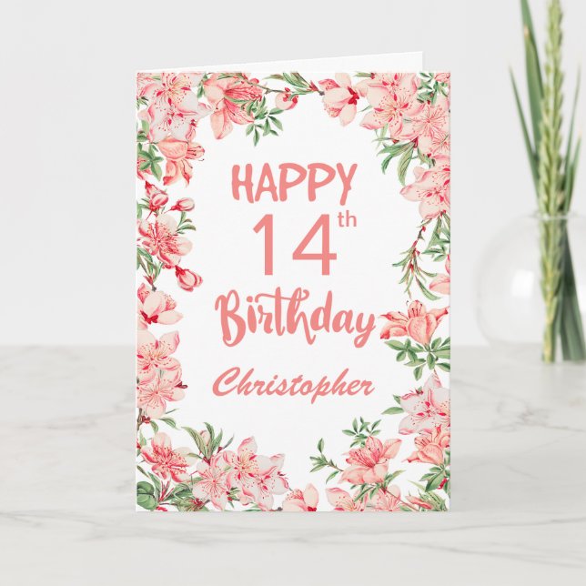 Carte 14e anniversaire Peach Peonies rose Aquarelle Flor (Devant)
