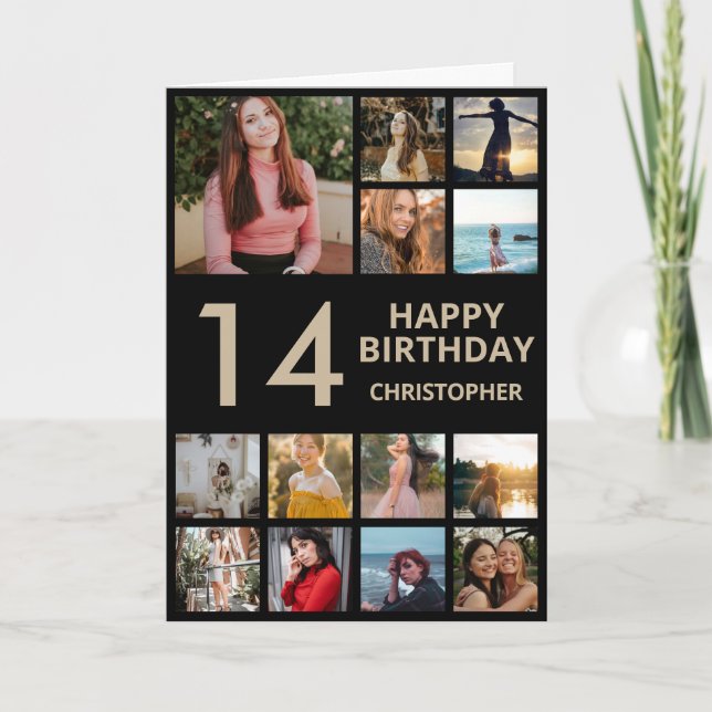 Carte 14e anniversaire Photo Collage 13 Photos Black & G (Devant)