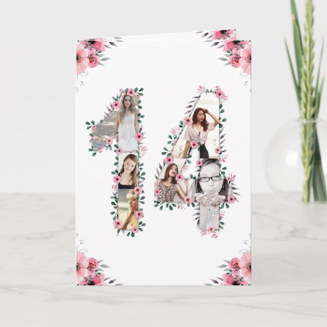 Carte 14e anniversaire Photo Collage Fille Rose Fleur Bl (Devant)