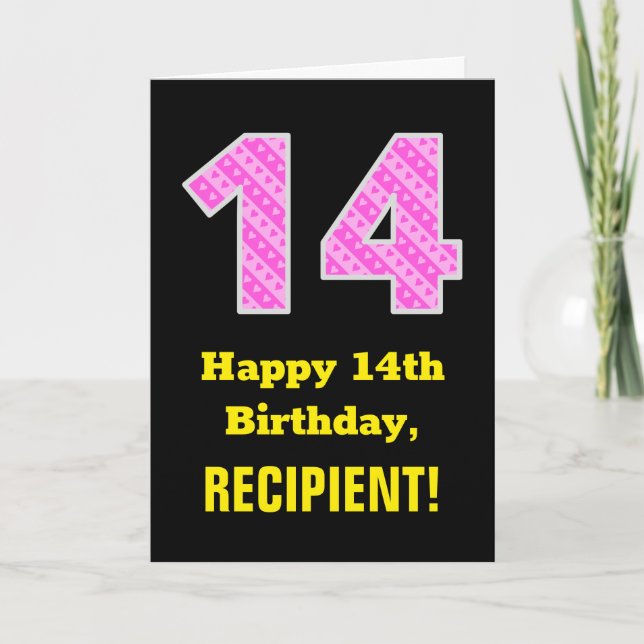 Carte 14e anniversaire : Pink Stripes and Hearts "14" +  (Devant)