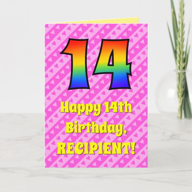 Carte 14e anniversaire : Pink Stripes & Hearts, Rainbow  (Devant)