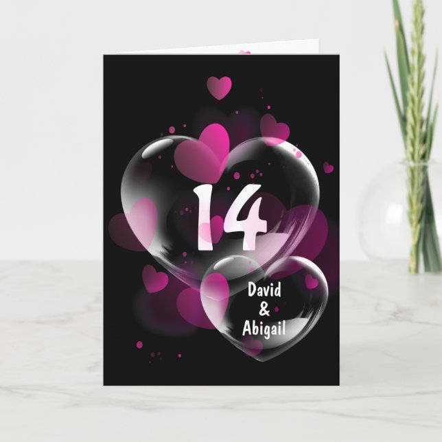 Carte 14ème Anniversaire Bulles cardiaques sur Noir (Devant)