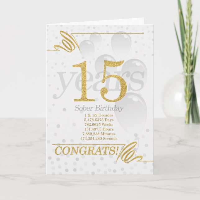 Carte 15 ans Sober Anniversaire Faux Gold Parties scinti (Devant)