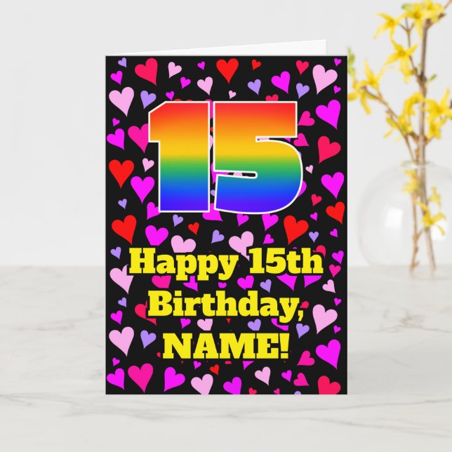 Carte 15e anniversaire : Amour Hearts Motif, Arc-en-ciel (Fleur jaune)