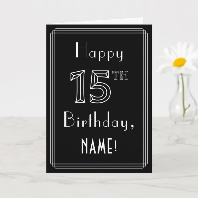 Carte 15e anniversaire : Art Déco Style # 15 & Nom perso (Petite plante)