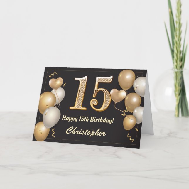Carte 15e anniversaire Ballons noirs et or Anniversaire (Devant)
