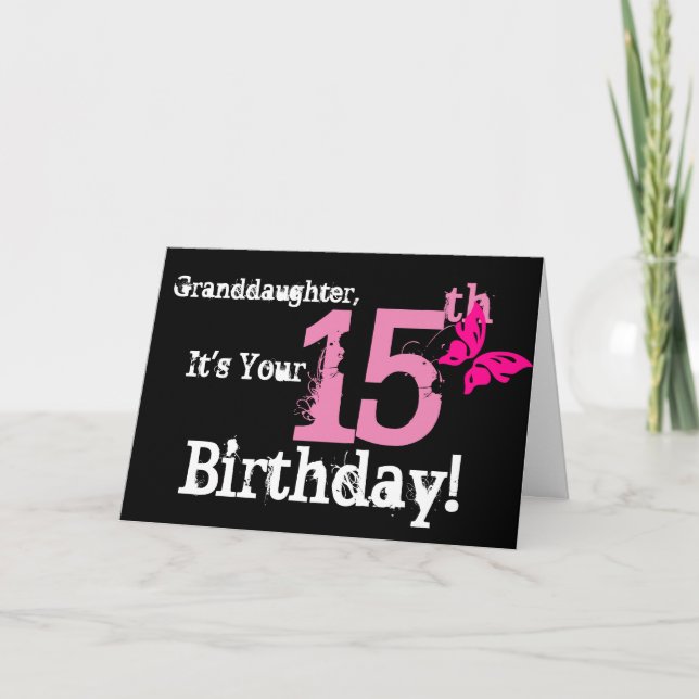 Carte 15e anniversaire de la petite-fille, papillon rose (Devant)