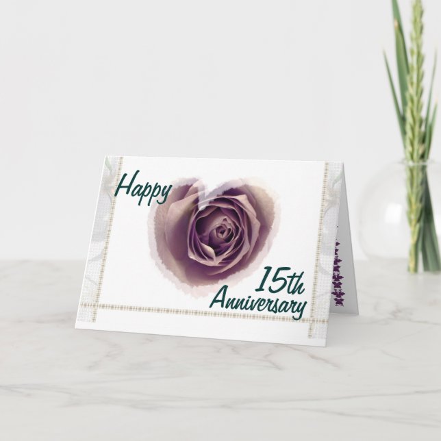 Carte 15e anniversaire de mariage - Cœur de rose violett (Devant)