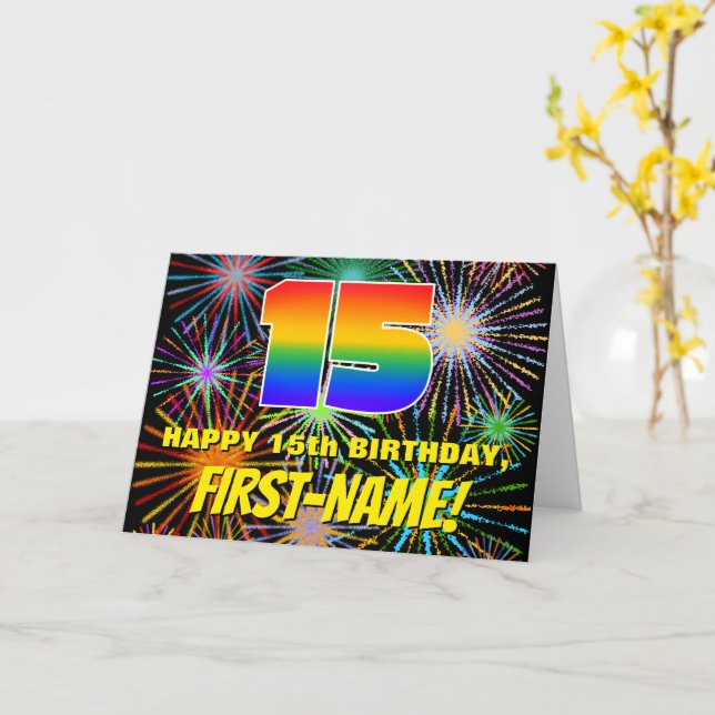 Carte 15e anniversaire : Feu d'artifice festif amusant e (Fleur jaune)