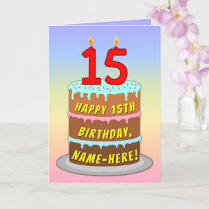 Carte 15e anniversaire — Fun Cake & Candles, avec nom pe