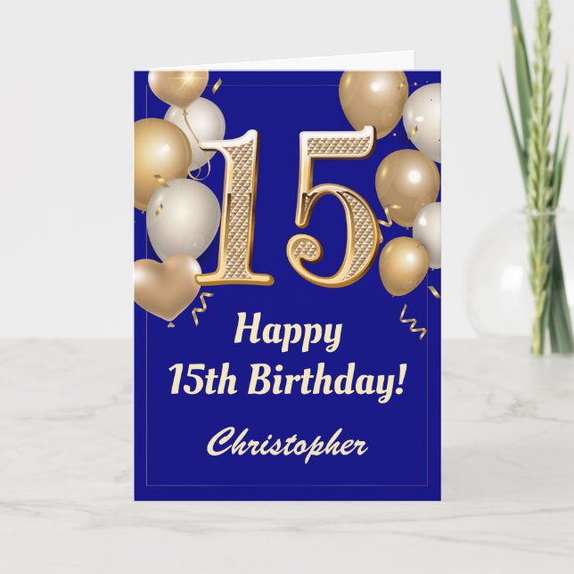 Carte 15e anniversaire Marine Bleu et Ballons d'or Confe (Devant)