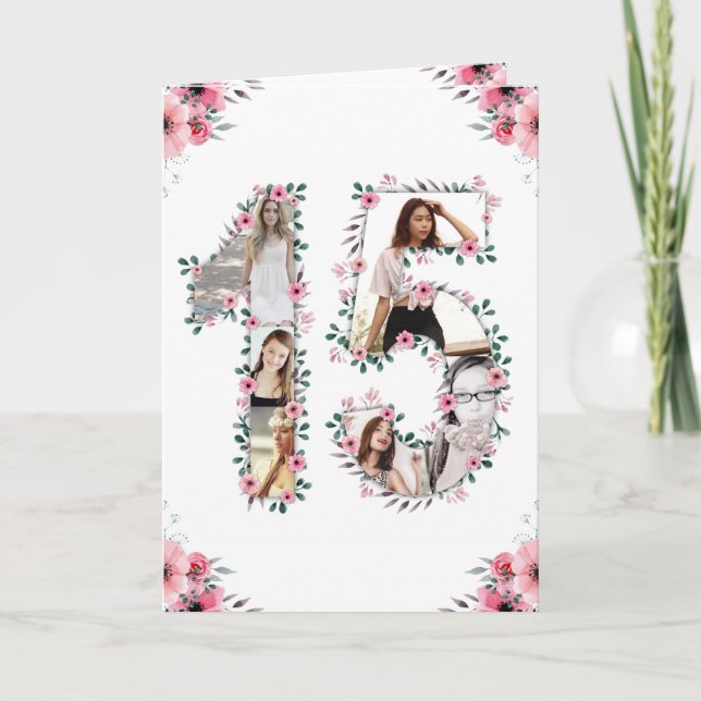 Carte 15e anniversaire Photo Collage Fille Rose Fleur Bl (Devant)
