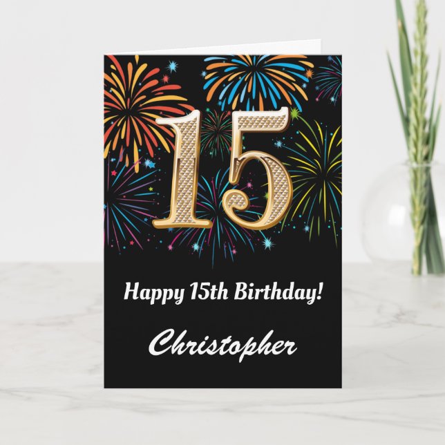 Carte 15e anniversaire Rainbow Fireworks noir et or (Devant)