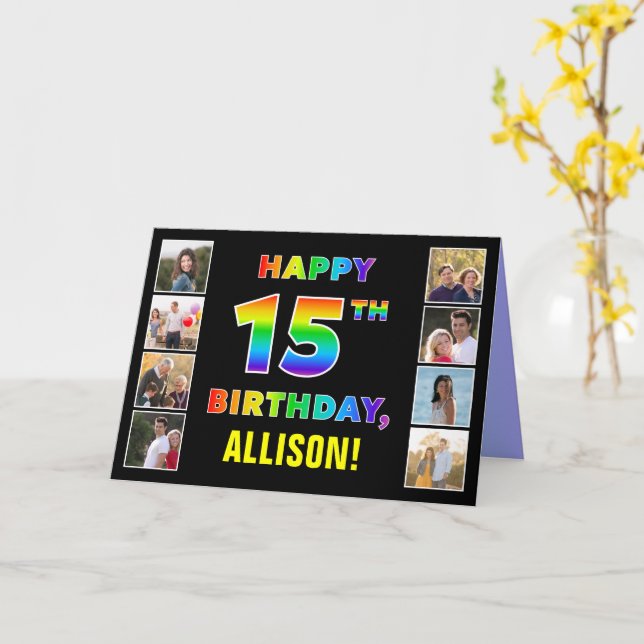 Carte 15e anniversaire : Rainbow Text, Custom Photos & N (Fleur jaune)