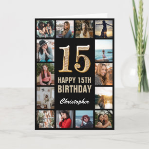 Carte 15e Joyeux Anniversaire Black and Gold Photo Colla