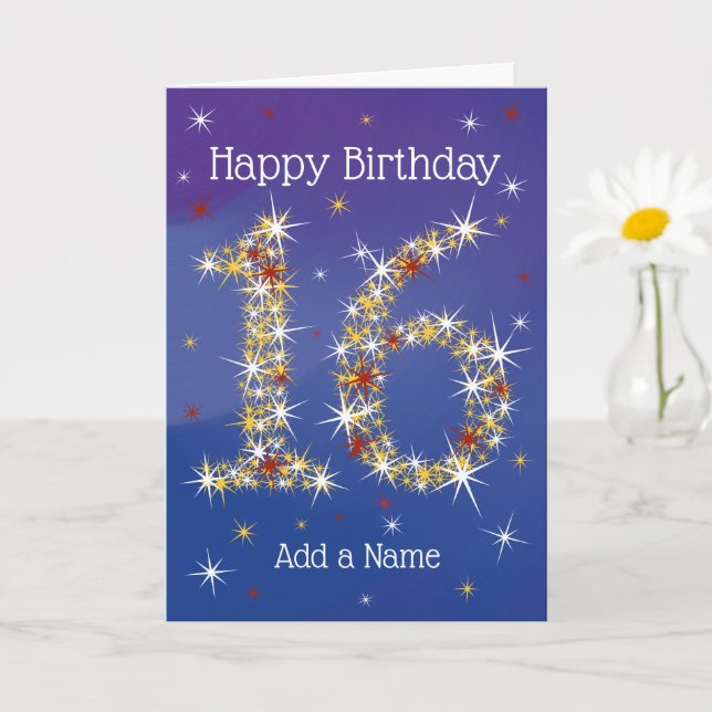 Carte 16e anniversaire - 16 en étoiles - Bleu - Âge Seiz (Petite plante)