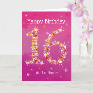 Carte 16e anniversaire - 16 en étoiles - rose - 16 ans