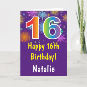 Carte 16e anniversaire coloré arc-en-ciel feux d'artific