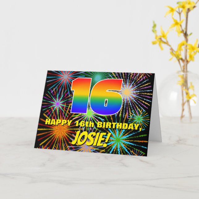 Carte 16e anniversaire : Feu d'artifice festif amusant e (Fleur jaune)