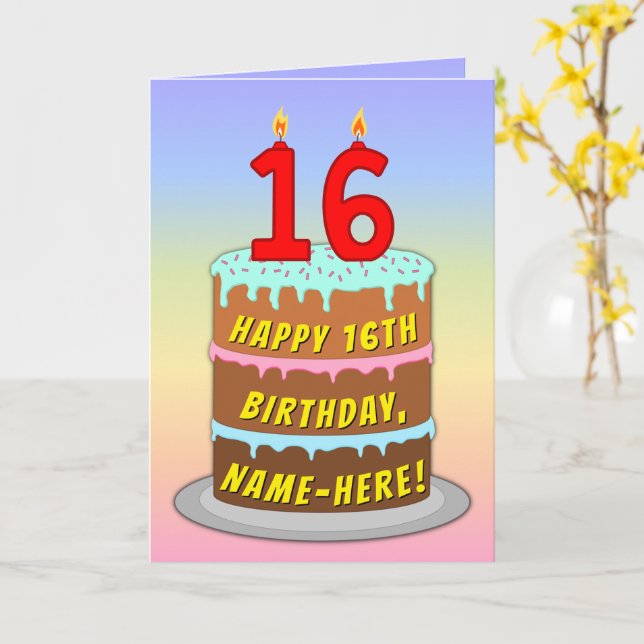 Carte 16e anniversaire — Fun Cake & Candles, avec nom pe (Fleur jaune)